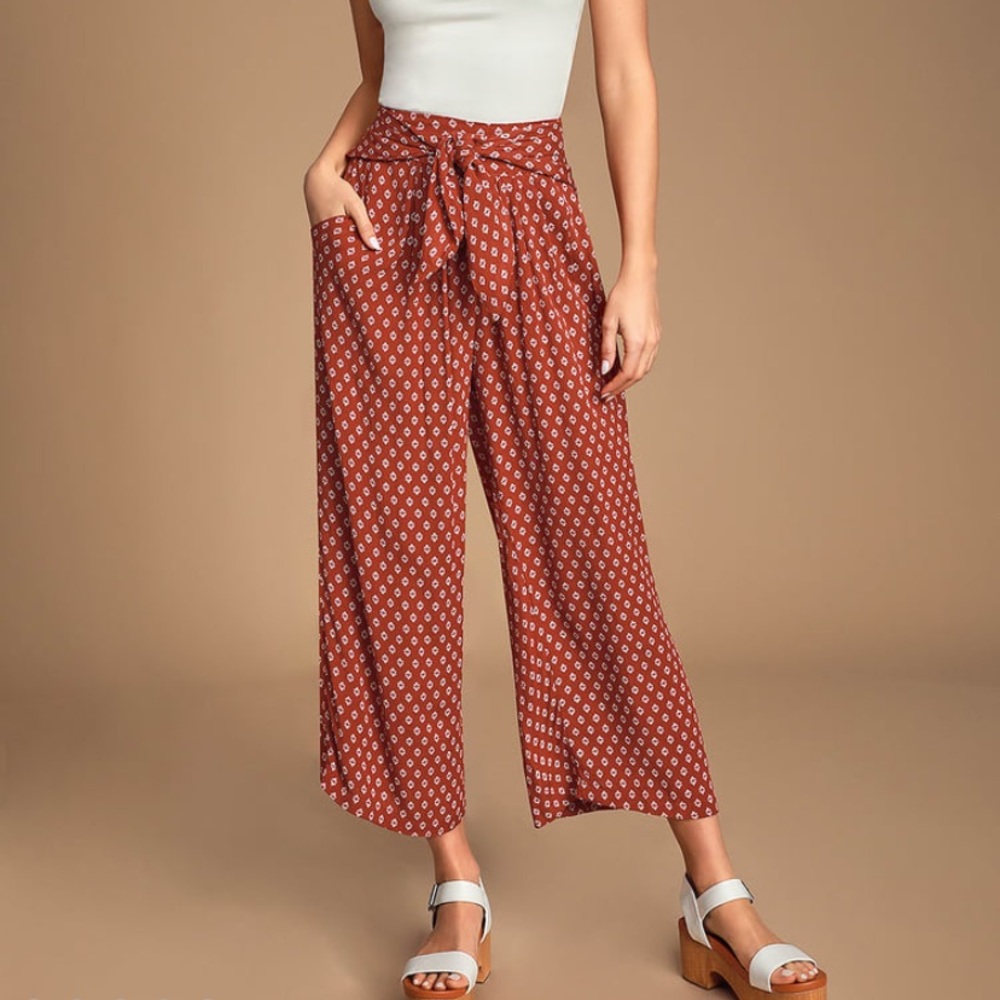 Coastal Rust Orange Print Tie-Front Culotte Pants